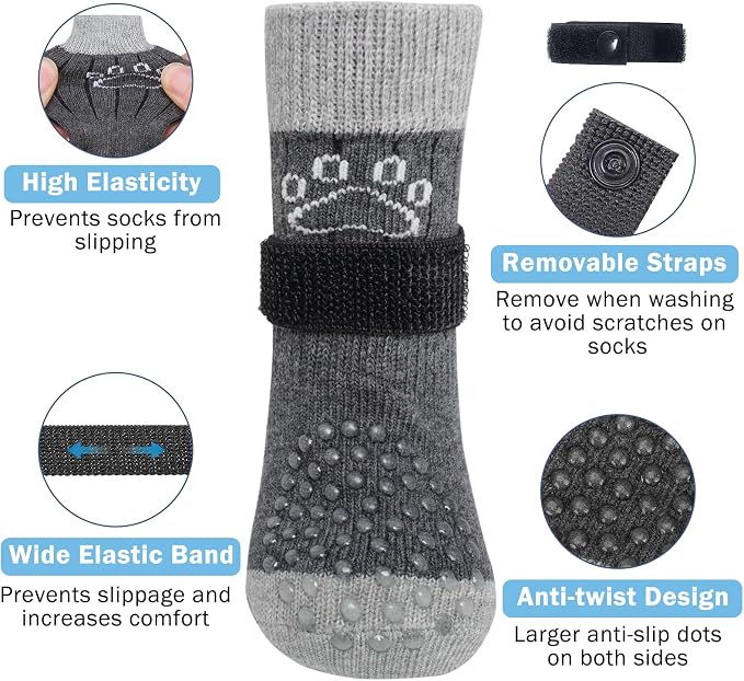 SCENEREAL Dog Socks to Prevent Licking Paws for Hot/Cold Pavement Anti Slip, Dog Shoes for Hardwood Floors, Dog Boots & Paw Protectors with Grippers for Small Medium Large Senior Dogs, Grey S