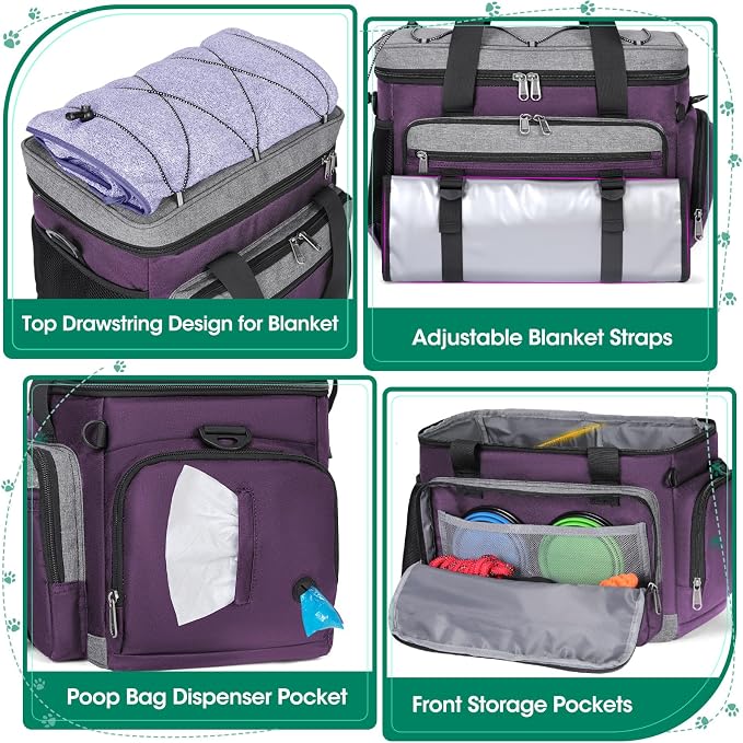 IGOLUMON Dog Travel Bag Large Pet Travel Bags Set for Supplies Weekend Travel Kit Tote Organizer Multi-Pockets Dog Food Travel Bag with 2 Large Food Containers, 2 Dog Bowls, 1 Feeding Mat, Purple