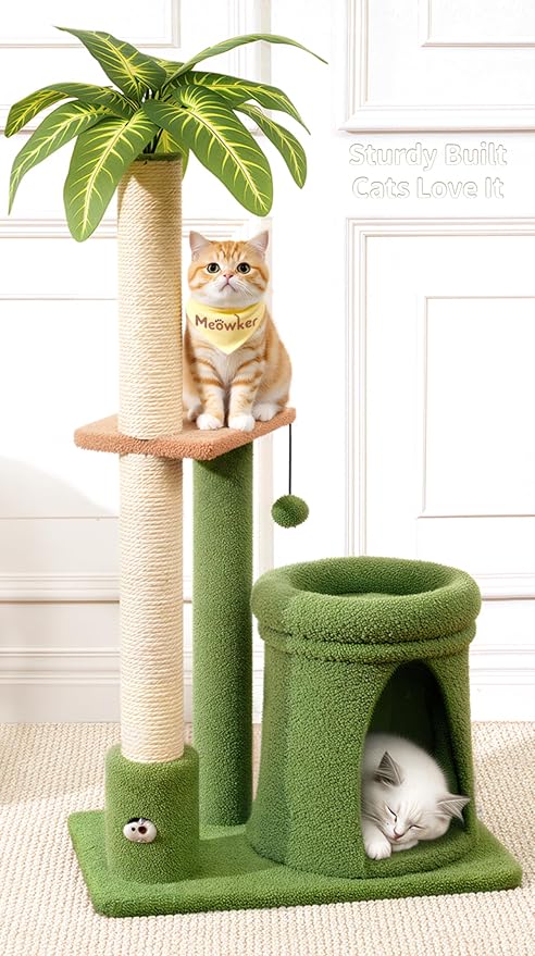41" Cat Tree Tower Condo Scratch Post Stand for Indoor Small Cats | Palm Tree Compact Space Saving Scratch Post Stand with Cozy Bed, Great for Kitten Climbing, Scratching Playing & Resting