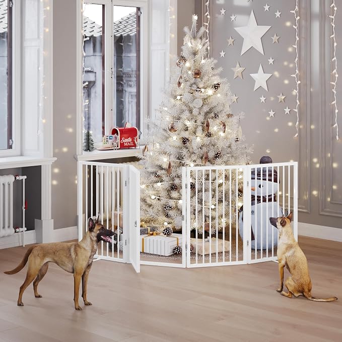 Vantas 80" x 24" Foldable Freestanding Extra Wide Dog Gate with Door,White | Pet Gate for Stairs and Doorways, Renter Friendly No Drill, Indoor Pet Fence Extra Wide, Easy Storage, With Support Feet