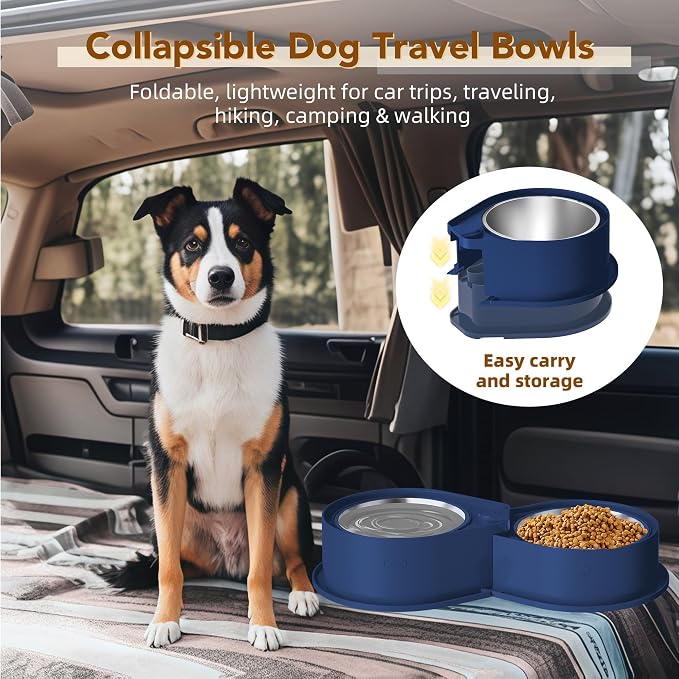 Newget 304 Stainless Steel Dog Bowl Set, 24oz Foldable Pet Dishes, Blue | Dual Food & Water Pet Bowl, Anti-Skid, Keeps Food Fresh, Easy to Install, for Small - Large Dogs/Cats - Indoor & Outdoor Use
