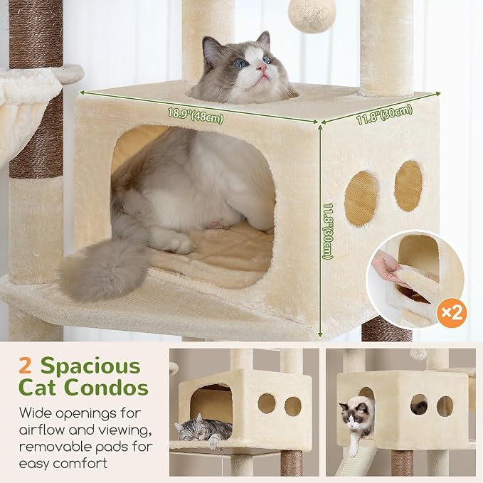 Globlazer S74G 74in Tall Cat Tree for Indoor Cats Large Adult, Light Grey | Sturdy Heavy Duty Cat Tree Tower for Multiple Cats with 7 Scratching Posts, 2 Spacious Condos, 2 Hanging Baskets