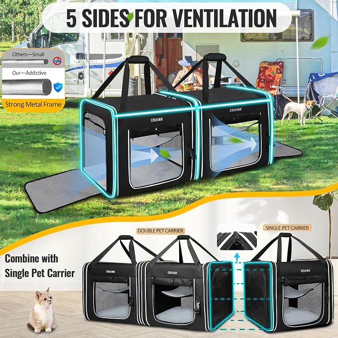 Petskd Portable Double Cat Carrier with Litter Box for Multiple Cats | 36"Lx17"Wx17"H, 2in1 Car Travel Carriers, Dual Large Cat Carrier, Lockable Safety Zippers, for Long Distance Travel