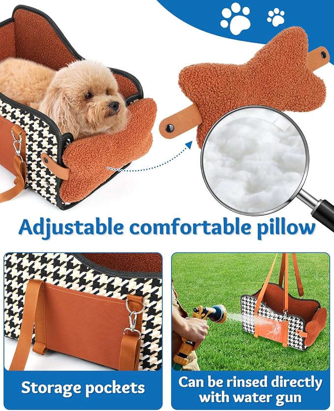 Center Console Dog Car Seat, Pet Car Seat, Armrest Middle Console Booster Travel Carrier for Small Dogs and Cats(Brown)