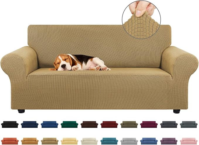 Stretch Loveseat Couch Cover, 2 Cushion Couch Slipcover,Tan | 1-Piece Washable Sofa Cover Pet Friendly (55"-78") Furniture Protector Soft Jacquard, Elastic Bottom for Dogs & Kids