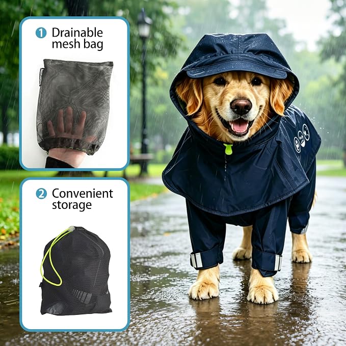 Dog Raincoat, Full-Body Hooded All-Weather Jacket, Waterproof and Windproof with Reflective Strips, Suitable for Large Dogs, M