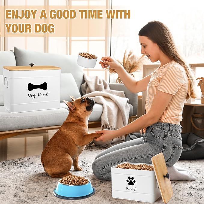 2Pcs Extra Large Metal Dog Food Containers Airtight 12 & 3.5 Lbs Dog Treat Snack Jars Set of 2 with Bamboo Lids and Spoons Farmhouse Big Pet Cookie Storage Jars for Kitchen Counter Gift (White)