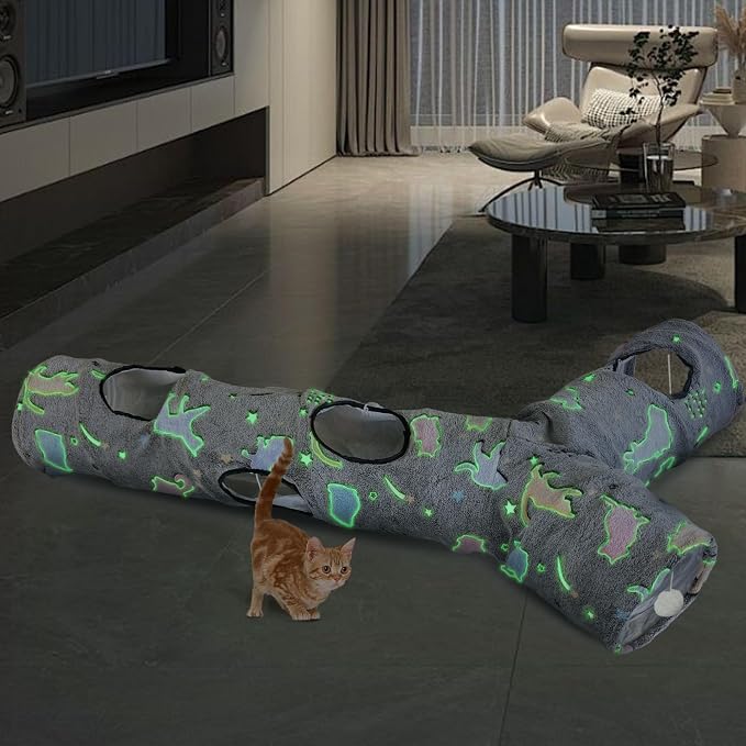 Cat Tunnels for Indoor Cats, Self-Luminous Cat Tunnel with Plush Ball, 3 Way Kitten Tunnel Collapsible, Cat Play Tunnel with Interactive Peephole for Large Cat, Puppy, Kitten