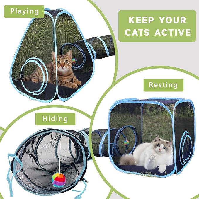 Outdoor Cat Enclosures, Cat Tunnels Catio Tents Cubes for Indoor Cats with Play Ball, Collapsible Outside Playpen Tunnel for Kitty, Rabbit, Puppy and Small Animals