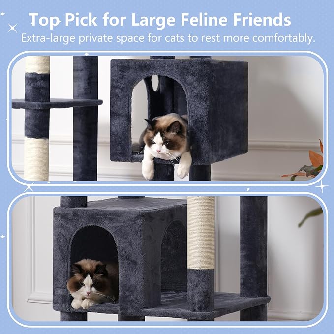 Hey-brother Cat Tree Tower with Multi-Level Duty Scratching Posts, 0MPJ039G | 80.7 Inches XL Cat Furniture with Large Platforms, Cozy Condos, Big Hammock, Toy Balls for Indoor Adult Cats, Smoky Gray
