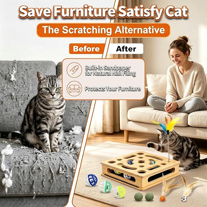 Cat Scratch Puzzle Enrichment Box, Bamboo Wooden Cat Nail File Enrichment Toy, Claw Saver Toy for Cats