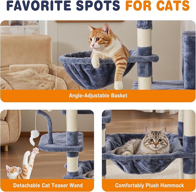 DUMOS Tall 71 inch Cat Tree Tower with Scratching Posts, Dark Grey | Large Multi Level Cat Climbing Tower with Condo, Platform, Hammock, Basket, Pet Tree House for Indoor Cats Play