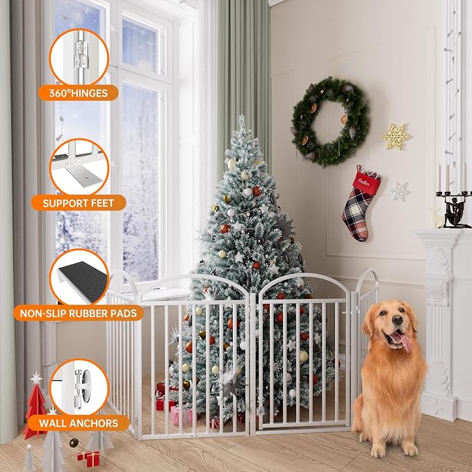 SNUOWU 4 Panles Full Matel Freestanding Dog Gates with Door, 96"Extra Wide 32"Tall Free Standing Dog Pet Gate for Indoor & Outdoor. Foldable Pet Fences for Doorways, House, Stairs, Porch, Deck, Yard