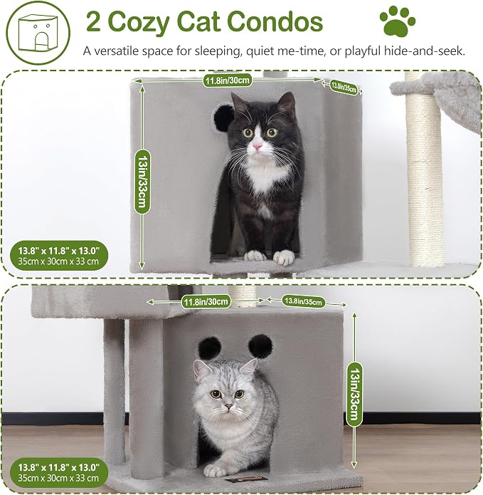Small Cat Tree Tower for Indoor Cats, 40 in Medium Cat Bed Scratching Posts | Multi Level Compact Kitty Kitten Houses Climbing Trees Stands with 2 Condos Sisal Post Perch Platform Hammock Plush Toy Balls