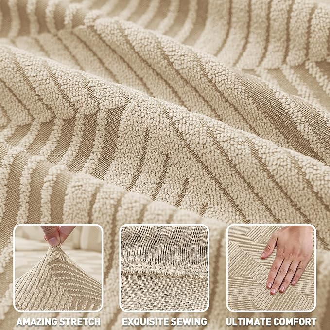 ZNSAYOTX Stretch Oversized Couch Covers for 3 Cushion Couch, 1-Piece Extra Large Sofa Cover Slipcover, Furniture Protector with Elastic Bottom Geometrical Jacquard Fabric (X-Large, Khaki)