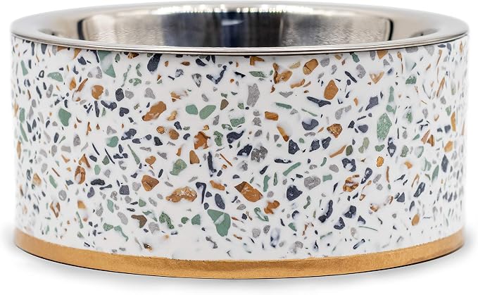 Terrazzo Single Elevated Pet Bowl Stand, Small, White | Removable Stainless Steel 16oz Inner Bowl, For Small Dog Breed or Cat, Raised Food or Water Station