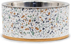 Terrazzo Single Elevated Pet Bowl Stand, Small, White | Removable Stainless Steel 16oz Inner Bowl, For Small Dog Breed or Cat, Raised Food or Water Station