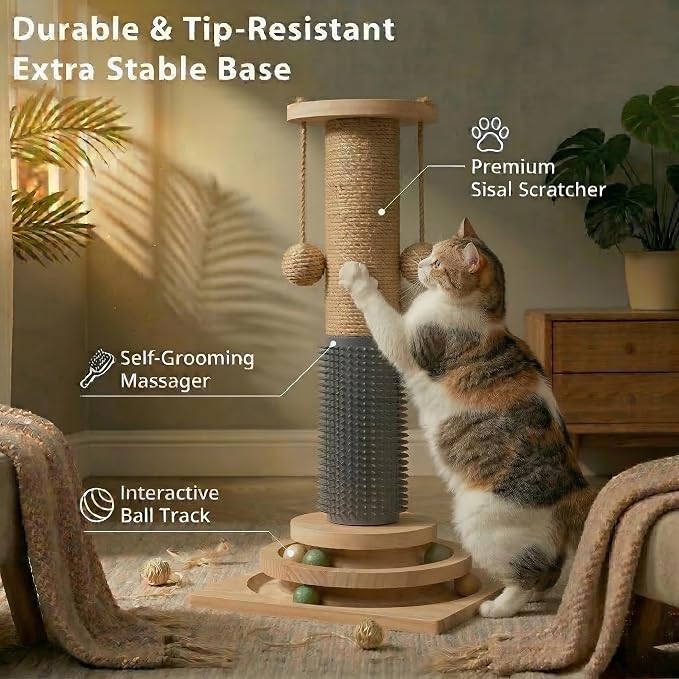 4-in-1 Solid Wood Cat Scratching Post with Self-Groomer, Medium Size | Natural Sisal Scratcher with 2-Level Track Ball Toy, Interactive Cat Tree and Furniture Protector for Indoor Cats