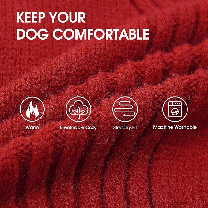 IECOii Dog Sweaters for Medium Dogs Girl Boy,Christmas Knit Doggy Sweatshirt with Sleeve,Turtleneck Thick Warm Dog Sweaters for Winter,Pullover Knitwear for French Bulldog,Boston Terrier (Red, L)