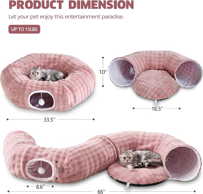 Bubble Round Cat Tunnel for Indoor Cats, Dusty Pink | Peekaboo Cave Toy with Dangling Balls, Donut Tunnel Bed with Circle Mat for Puppy Kitten Rabbit