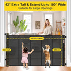 Reinforced 42” Tall x 100” Extra Wide Retractable Baby Gates for Doorways Extra Tall Pet Gate with Rods to Prevent Crawling Through, Dog Gate for Large Openings Extra Long Mesh Gate, Black