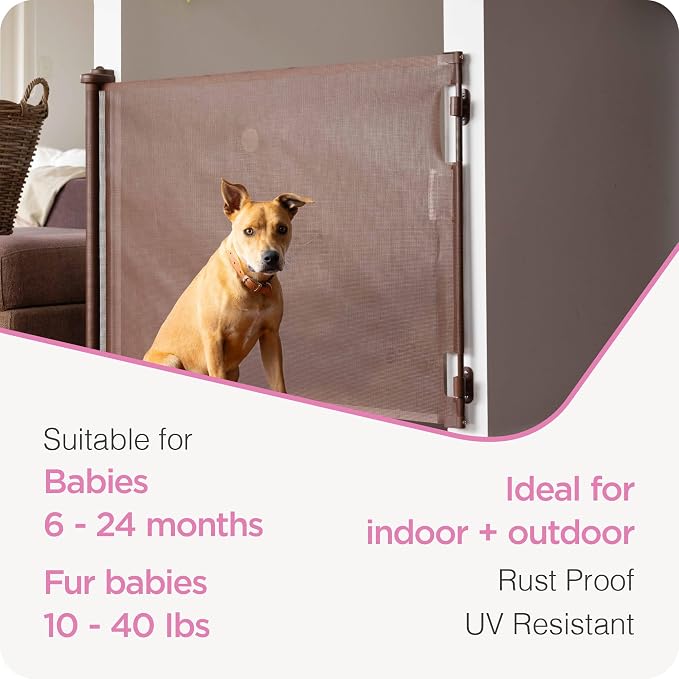 Retractable Baby Gate Perma Child Safety 33" Tall x 71” Wide, Mesh, for Stairs, Doorways, Dogs, Pets, Indoor, Outdoor, One-Handed Operation, Locking, Easy Install, Hardware Mount, Brown