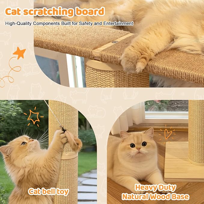 54" Tall Cat Scratching Post with Window Perch | Gray Fluffy Cushion, 3-Piece Thickened sisal Roman Columns, Drill-Free Suction Cup, Elevated Privacy Hammock, 60 LBS Capacity