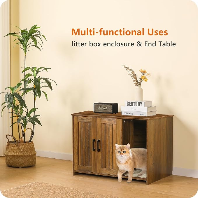 Dwanton Litter Box Enclosure, Cat Litter Box Furniture Hidden, with Scratching Mat, Wooden Cat Washroom Indoor, 31.5" L x 19.7" W x 21.7" H, Warm Brown