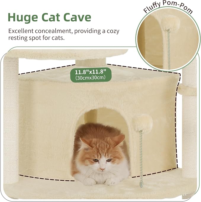 Gitelsnour Corner Cat Tree Tower with All Sisal Scratching Posts GCT025MU | 44.1" Cat Furniture with Multi-level Cat Condo, Cat Cave, Hanging Basket, Sisal Scratching Ramp for Indoor Cats, Beige