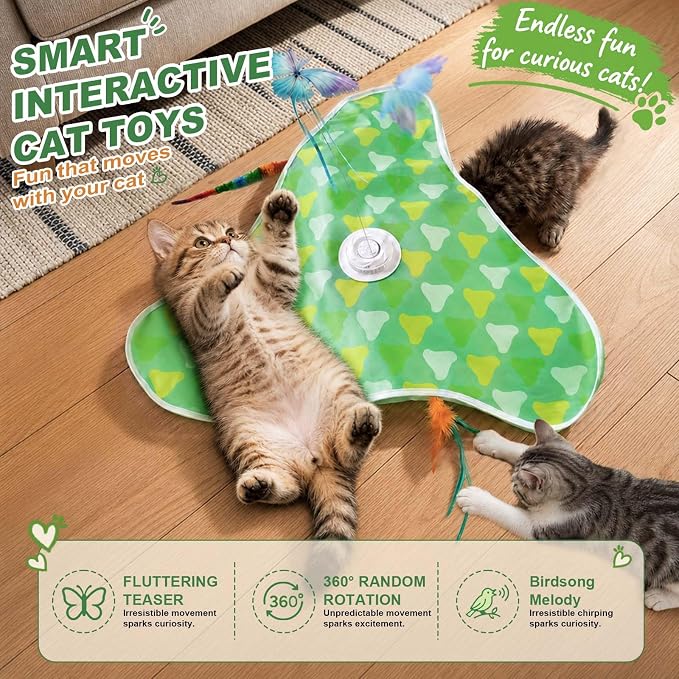 Interactive Cat Toy Mat for Indoor Cats, Rechargeable Hide & Seek Cat Toy with Moving Hidden Feathers& Fluttering Butterfly, Touch Activated Automatic for Bored Cats, Kittens & Adult Cats