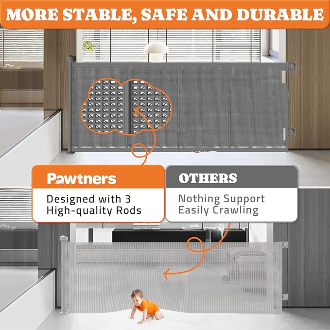 Pawtners Retractable Baby Gates, 41" Tall Extends up to 71" Wide, Gray | Extra Wide Dog Gate Indoor with for Stairs, Pet Gate with Support Rods for Doorways Hallways Indoor & Outdoor
