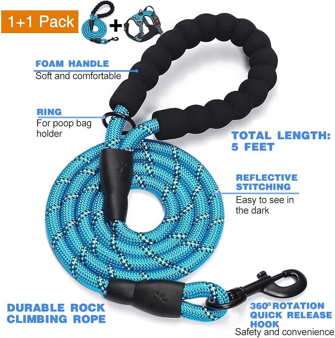 tobeDRI No Pull Dog Harness Adjustable Reflective Oxford Easy Control Medium Large Dog Harness with A Free Heavy Duty 5ft Dog Leash, Blue, S