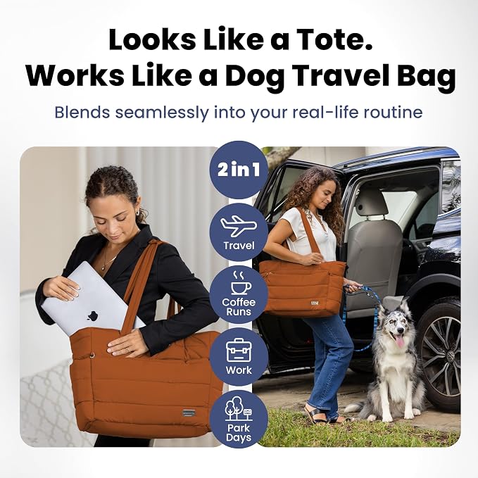 Rubyloo Puffer Dog Travel Bag for Dog Moms, Diaper Bag with Travel Bowls | 2 BPA-Free Collapsible Bowls, 2 Pet Food Containers, 9 Pockets, Everyday Puffer Bag Works With or Without Your Dog, Rust