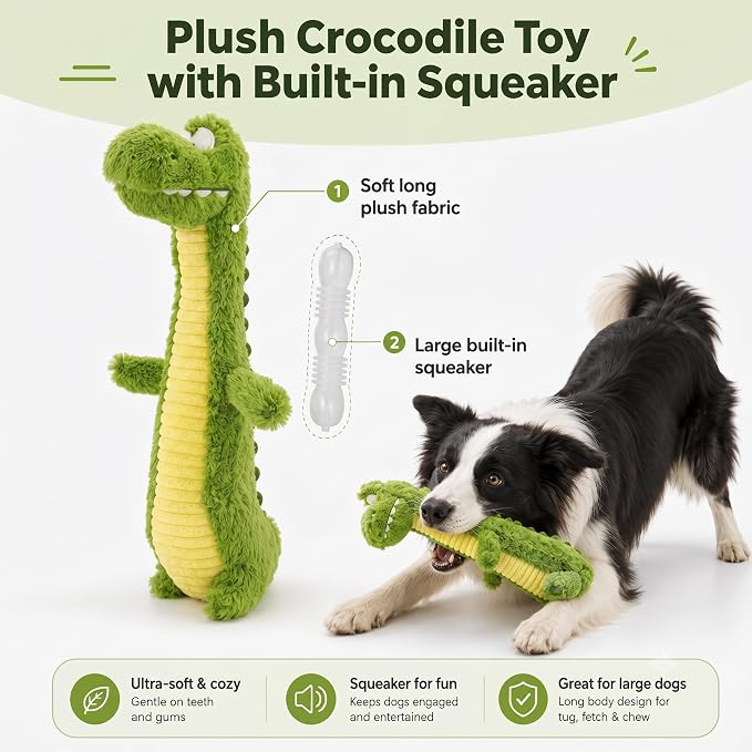 Squeaky Dog Plush Chew Toy, Interactive Tug Squeaky Toy for Chewers, Medium & Large Dogs & Fetch Play, 18.5 In Stuffed Long-Neck Crocodile Toy with Soft Plush Body for Gentle Gum Care & Boredom Relief