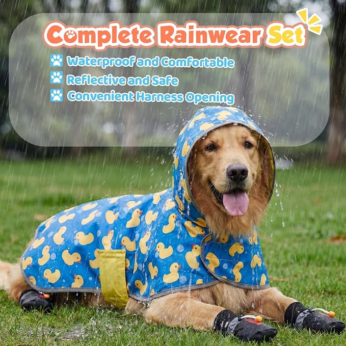 Dog Raincoat and Shoes for Weighing 20-38lbs, Spring Summer Waterproof Dogs Boots & Paw Protectors, Adjustable Pet Poncho with Leash Hole for Large Medium Small Dogs, Yellow(Double Side)
