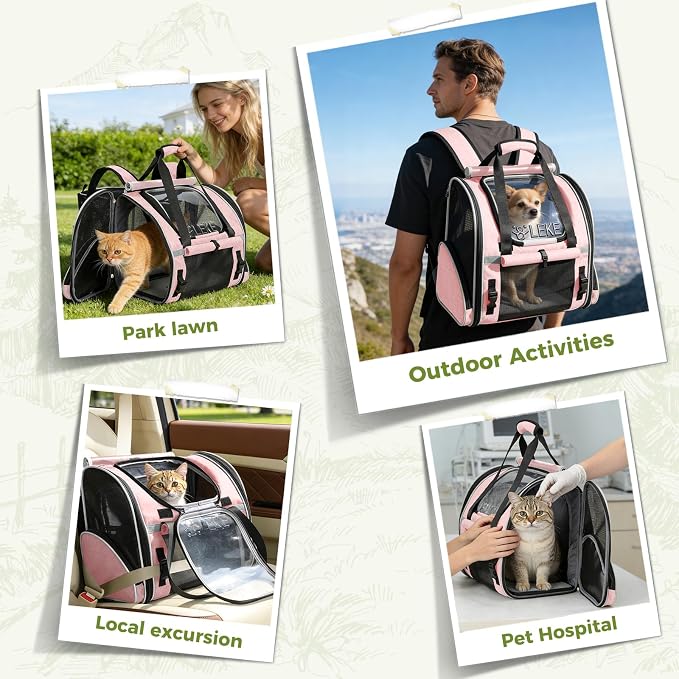 Lekereise Expandable Cat Backpack Carrier for Cats and Small Dogs up to 18 lbs, Widened Interior with 30% More Bottom Space, Rear Expansion up to 80% More Space, Breathable Mesh, Sun Shade, Pink