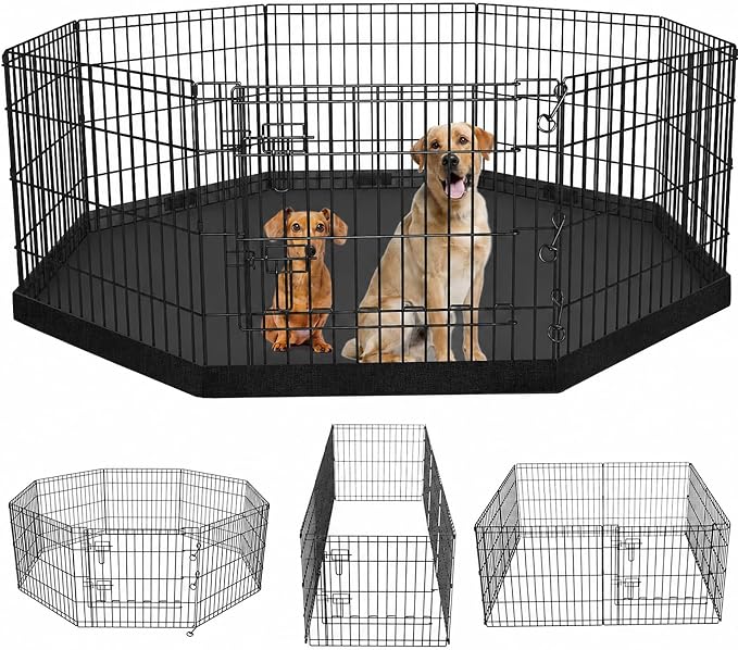 PETIME Foldable Metal Dog Exercise Pen/Pet Puppy Playpen Kennels Yard Fence Indoor/Outdoor 8 Panel 24" W x 24" H with Bottom Pad
