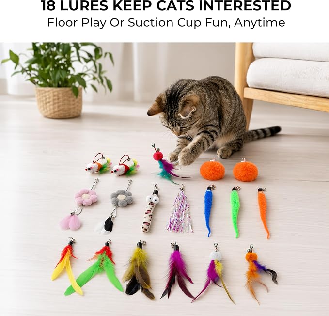 Cat Toys for Indoor Cats, Interactive Cat Toy Wand, Kitten Stuff, 18 Lures | Heavy Stable Base Prevents Toppling, Dual Suction Cup For Extra Play Options, Trigger natural feline hunting instincts today