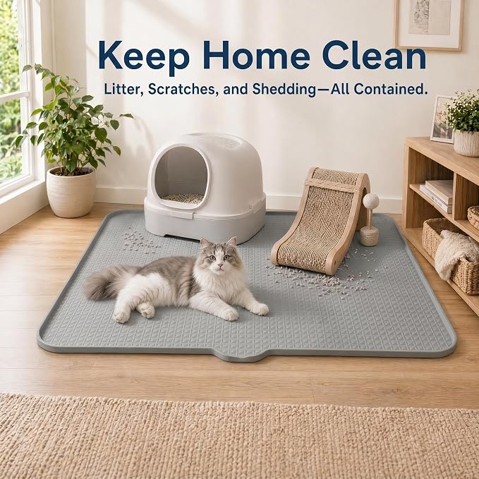 Cat Litter Mat, XL 40"x29.7" Silicone Litter Box Mat, Tilted Drain Spout | Litter Mat Fit 1-2 Boxes, Extra Wide Kitty Litter Mat, Waterproof Urine Proof, Non-Slip, Easy to Clean, High Edge