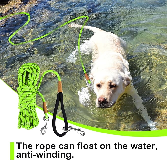 lynxking Long Dog Leash Reflective 15ft 30ft 50ft Check Cord Training Lead Padded Handle Heavy Duty Rope for Puppy Small Medium Large Dogs (Light Green, 30ft x 3/8inch)