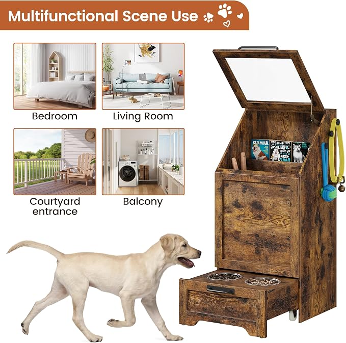 Garvee Dog Feeding Station with 2 Elevated Bowls, Dog Food Storage Cabinet, Flip Top Pet Feeding Station, Food Storage Container, Pet Toy Organizer, Brown
