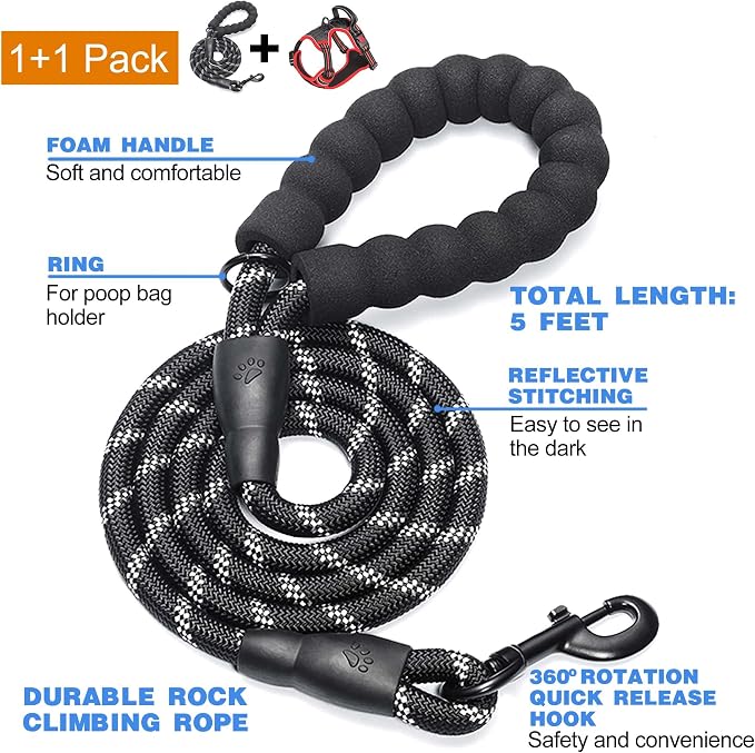 tobeDRI No Pull Dog Harness Adjustable Reflective Oxford Easy Control Medium Large Dog Harness with A Free Heavy Duty 5ft Dog Leash, Black/Red, M