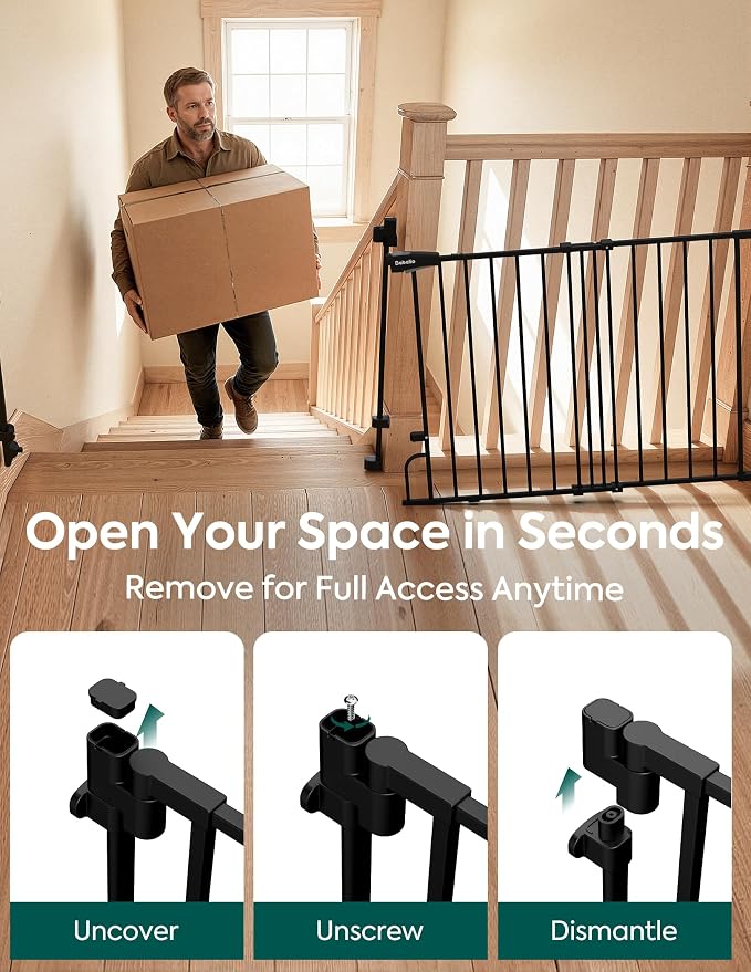 Babelio Removable Baby Gate for Stairs No Bottom Bar, 29-43", 30" H, Black | Hardware Mounted (Drill Needed)| Wide Walk-Thru| Auto-Close Safety Dog/Pet Gate for Stairs & Doorways