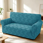 ZNSAYOTX Stretch Couch Covers for 2 Cushion Couch, 1-Piece Loveseat Covers Sofa Slipcover, Furniture Protector with Elastic Bottom for Dogs Geometrical Jacquard Fabric (Medium, Peacock Blue)