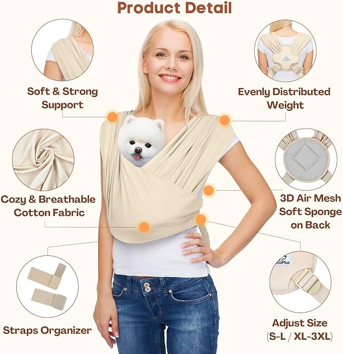 AnccoPlus Hands Free Dog Sling for Small Dogs, Dog Carrier, Beige, Plus | Reduces Back Pain, Front Facing Sling, Hands Free, Size Adjustable, Premium Cotton, Patented Product