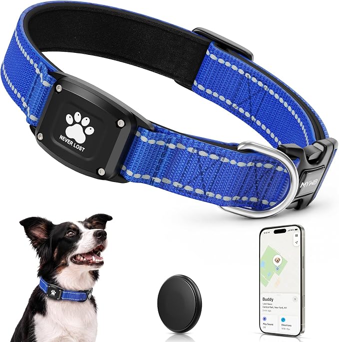GPS Dog Collar Tracker 2-in-1,Reflective Waterproof Pet Collar,iOS-Only,No Monthly Fees,Unlimited Range,Dog Tracking Collar Pet Tracker,for Small Medium Large Dogs(M (14.5"-19.5"), Blue)