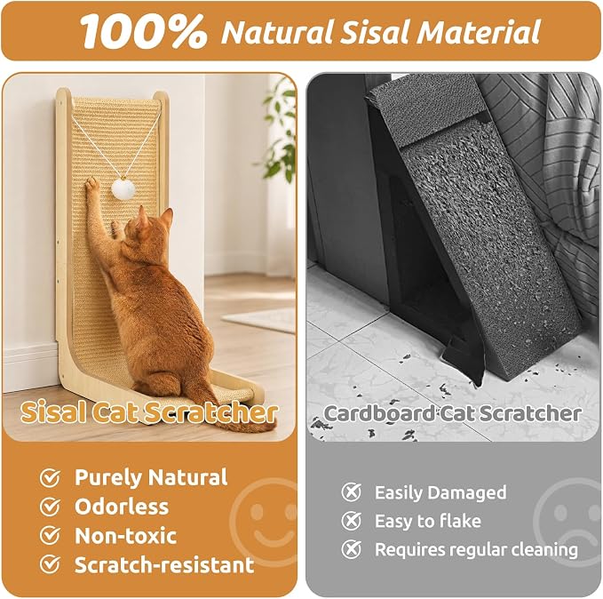 26.8" Sisal Cat Scratchers with Bell Plush Balls,Wooden Furniture | L Shaped Scratching Post for Indoor Cats,Vertical Cat Scratcher Board Natural Sisal Scratcher Pad to Protect Furniture