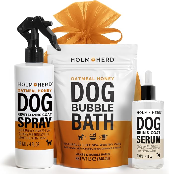 Holm & Herd Oatmeal Honey Dog Care Gift Bundle – 3 Piece Grooming Set with Bubble Bath Shampoo, Deodorizing Spray & Serum – Soothing Dog Gift for Sensitive Skin (Oatmeal Honey)
