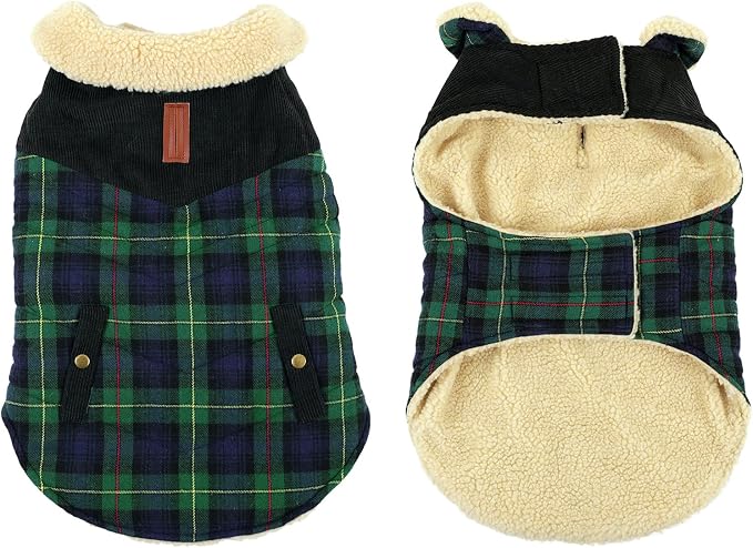 Winter Coat for Small and Medium Dogs, Puppy Plaid Jacket, Cotton Coat for Cold Weather, Windproof Warm Dog Garments, Pet Thickened Outfits Indoor Outdoor, Green L