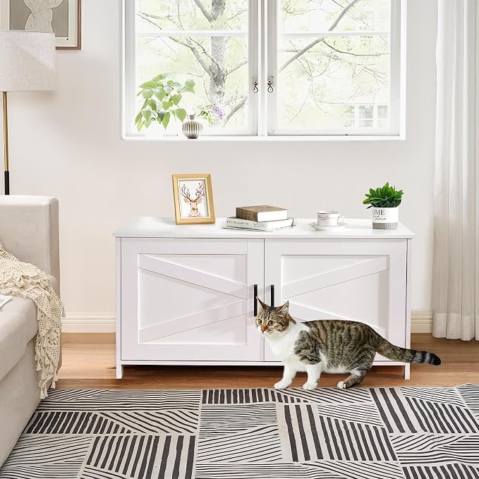 Homhedy 39.4" L Cat Litter Box Enclosure with Barn Door, White | Wooden Cat Washroom Furniture, Cat House, Pet Storage Cabinet, Dog-Proof, Fit Most of Litter Box, Farmhouse Style